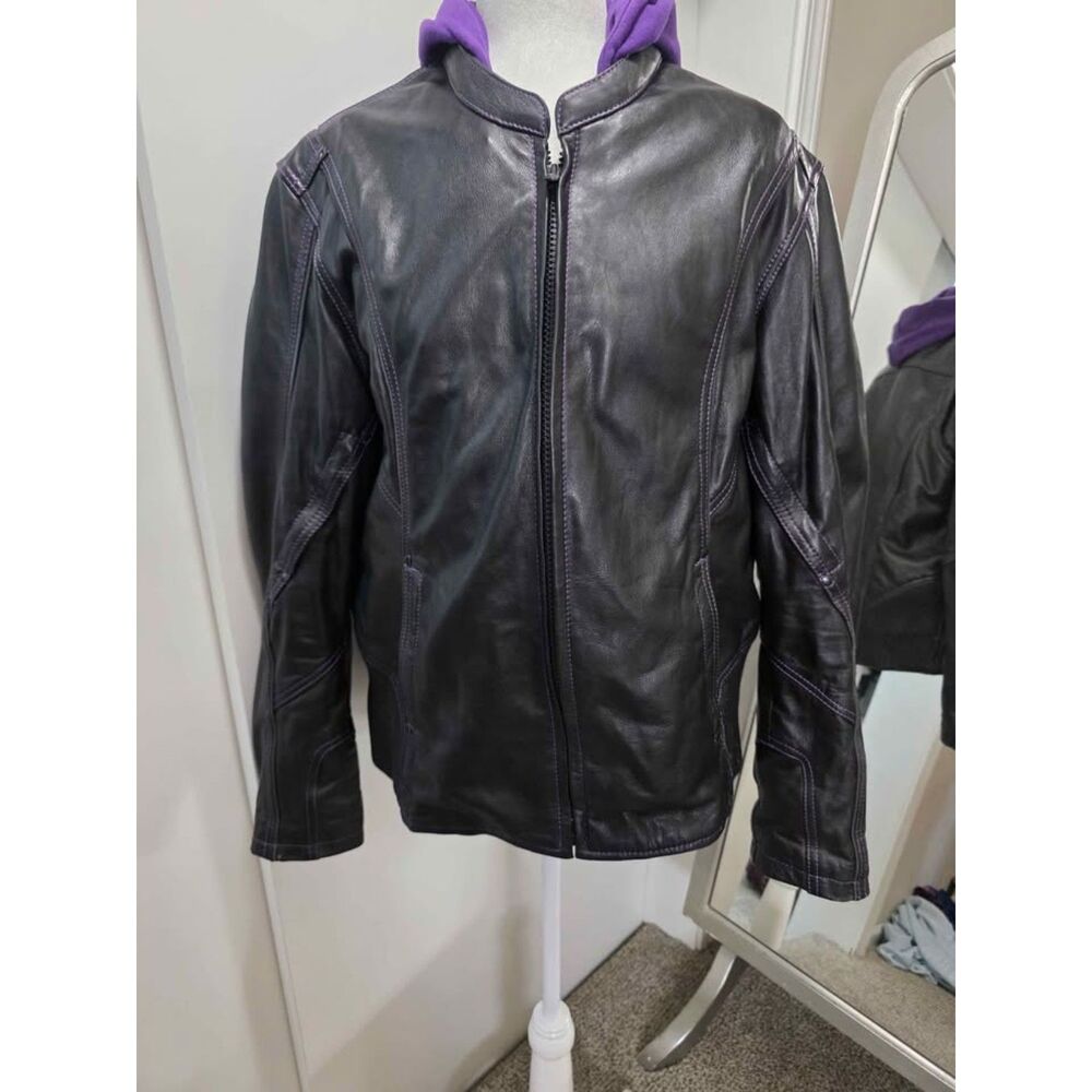 UNIK Ultra Black Leather Motorcycle Jacket with Purple Stitching Size 2XL